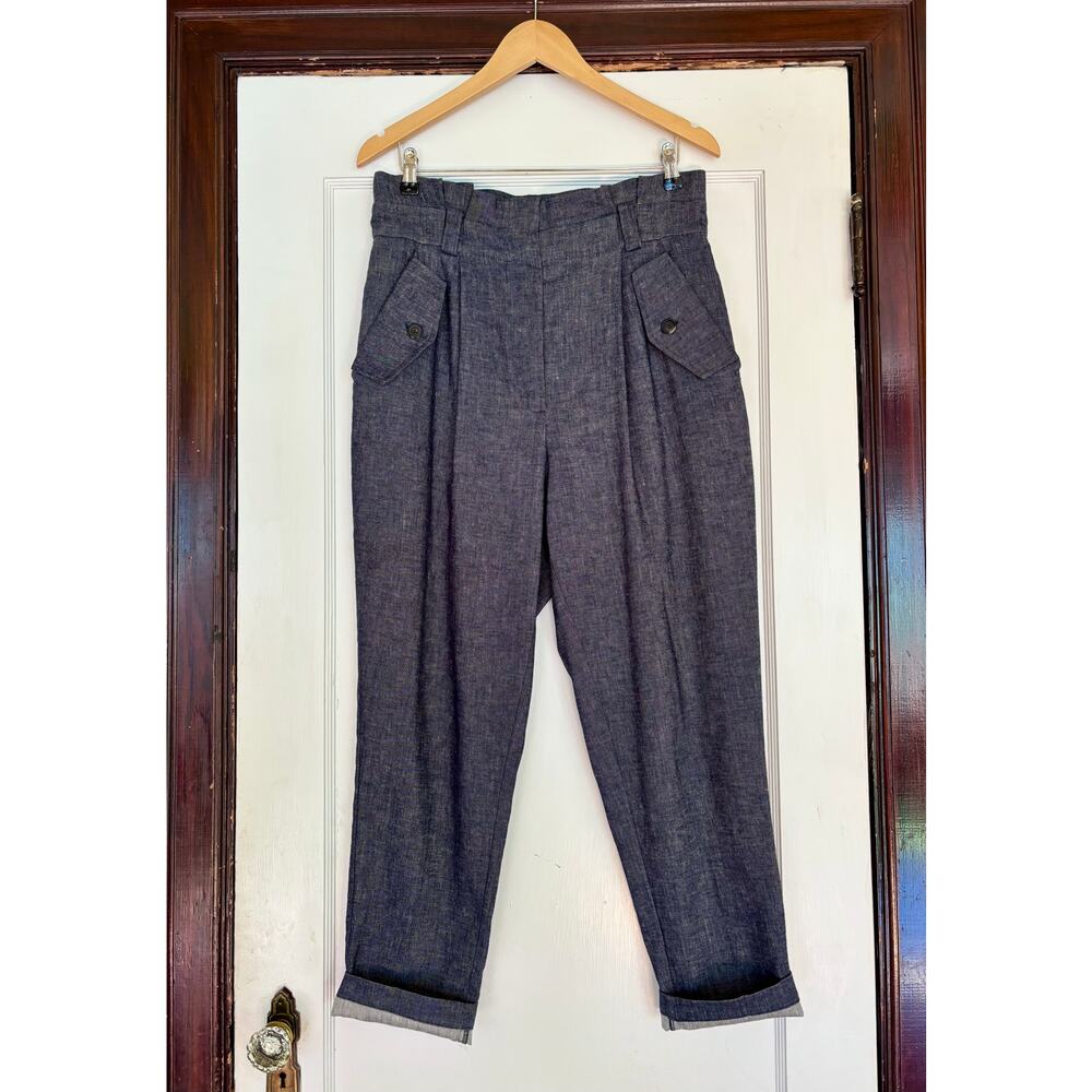 ALC Dark Blue Linen Cotton Denim Tailored Paper Bag Trousers- Size 10, Medium